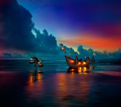 Barcos de pesca iluminados al atardecer en una playa colorida