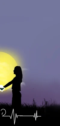 Silhouette de una pareja sosteniendo un corazón contra un vibrante fondo de atardecer.