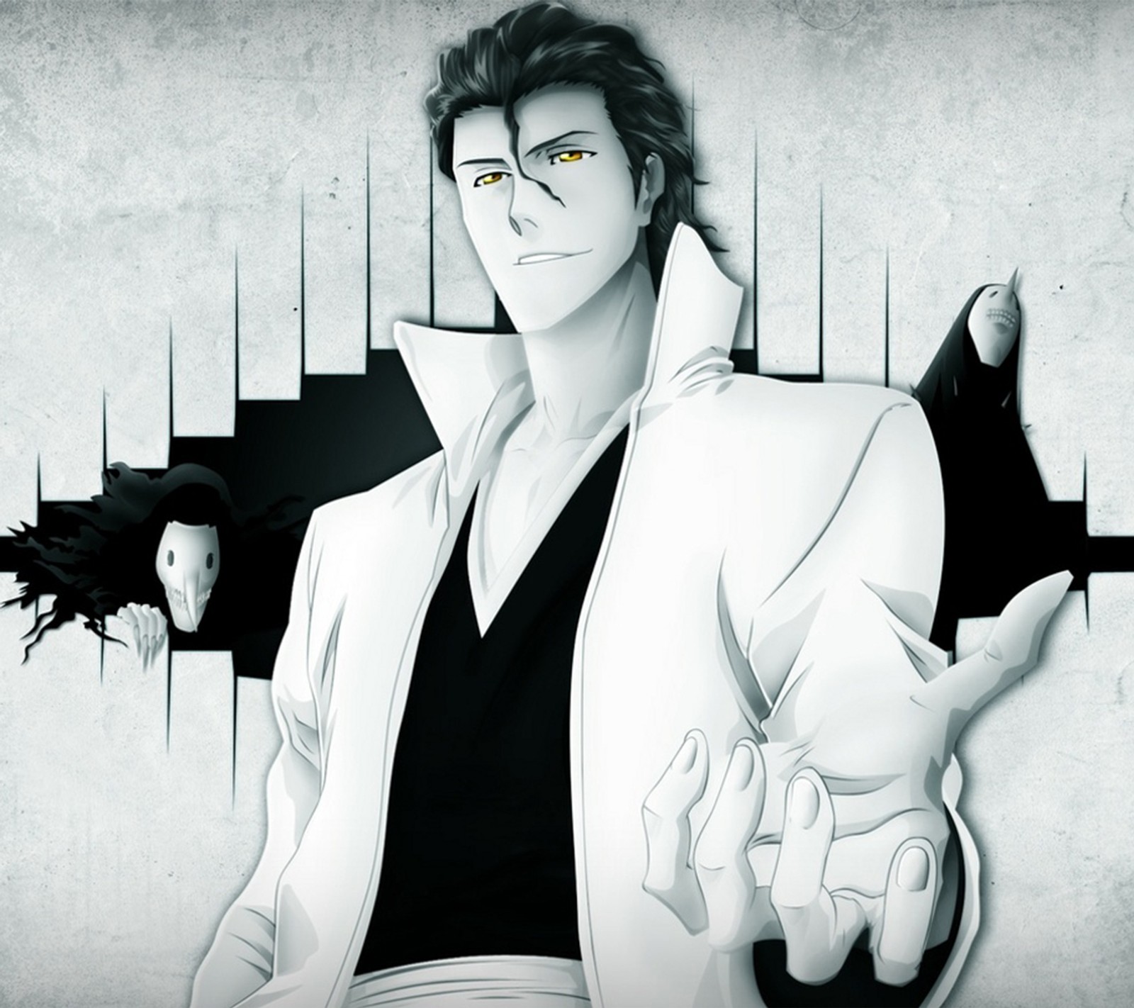 Anime character with a black and white background and a black and white background (aizen, anime, bleach, captan, cartoon)