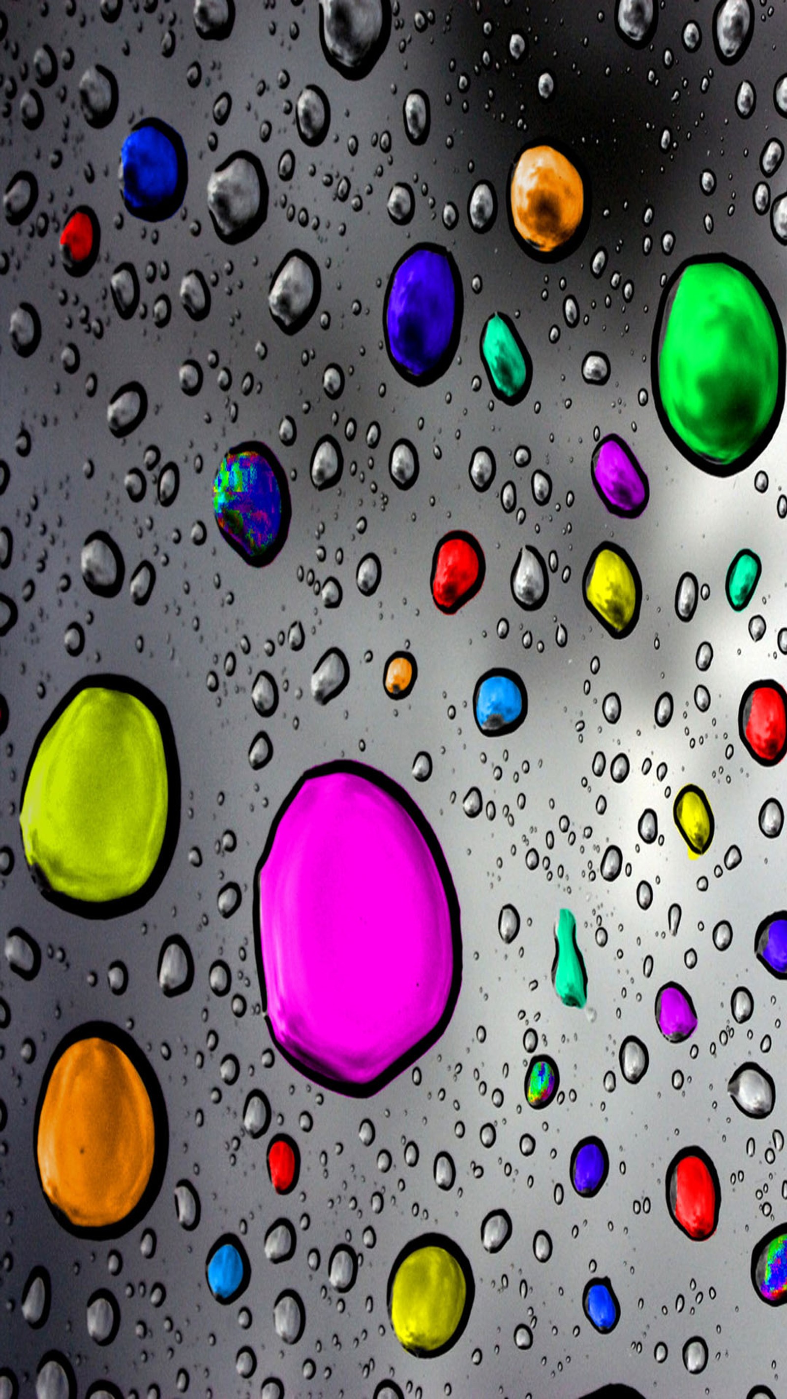 A close up of a bunch of water droplets on a surface (color, design, drop, water)