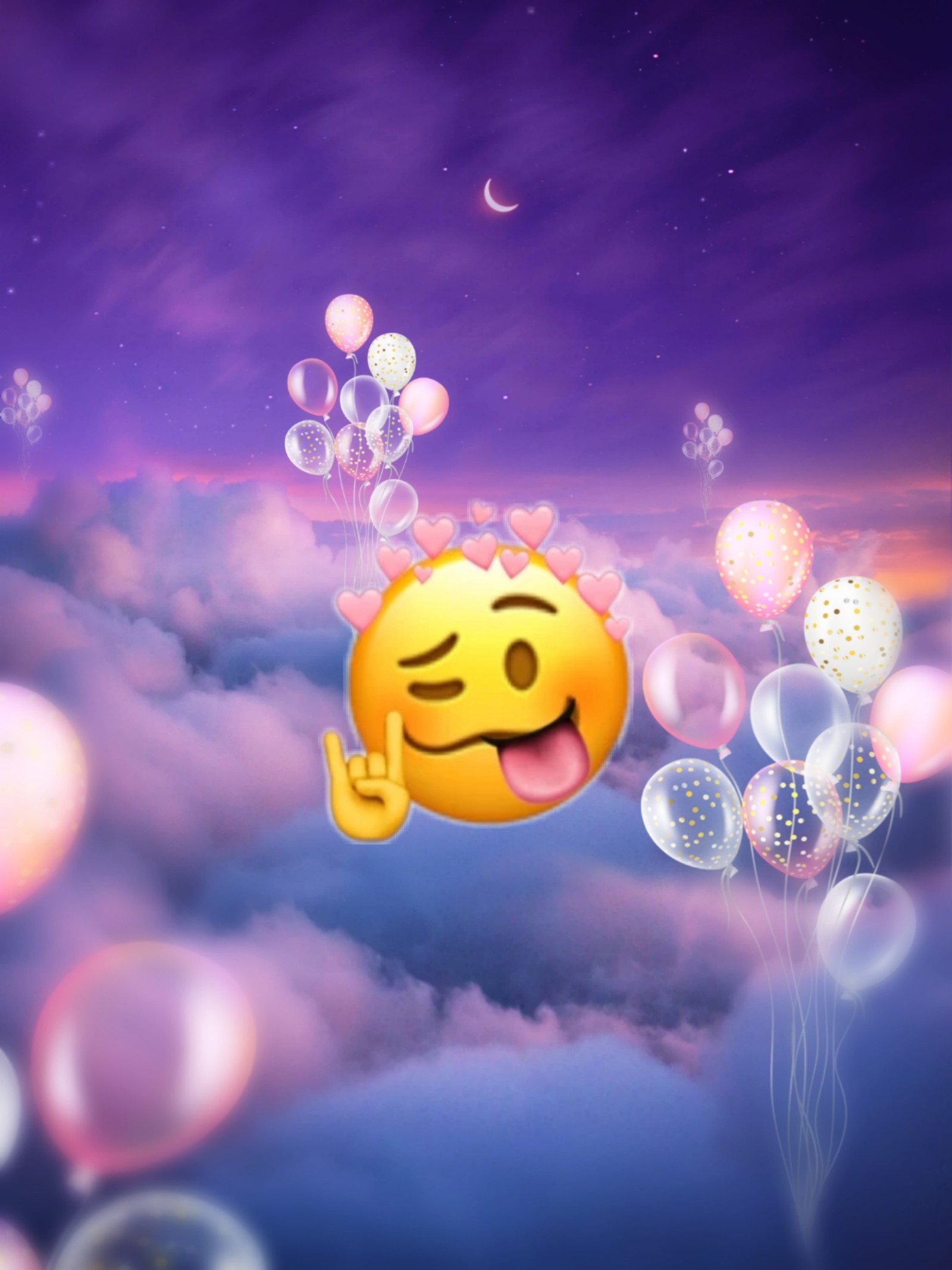 Un visage souriant flottant dans le ciel avec des ballons (esthétique, emoji, heureux, violet, bête)