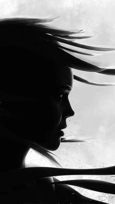 Silhouette of a girl with flowing hair against a textured light background.