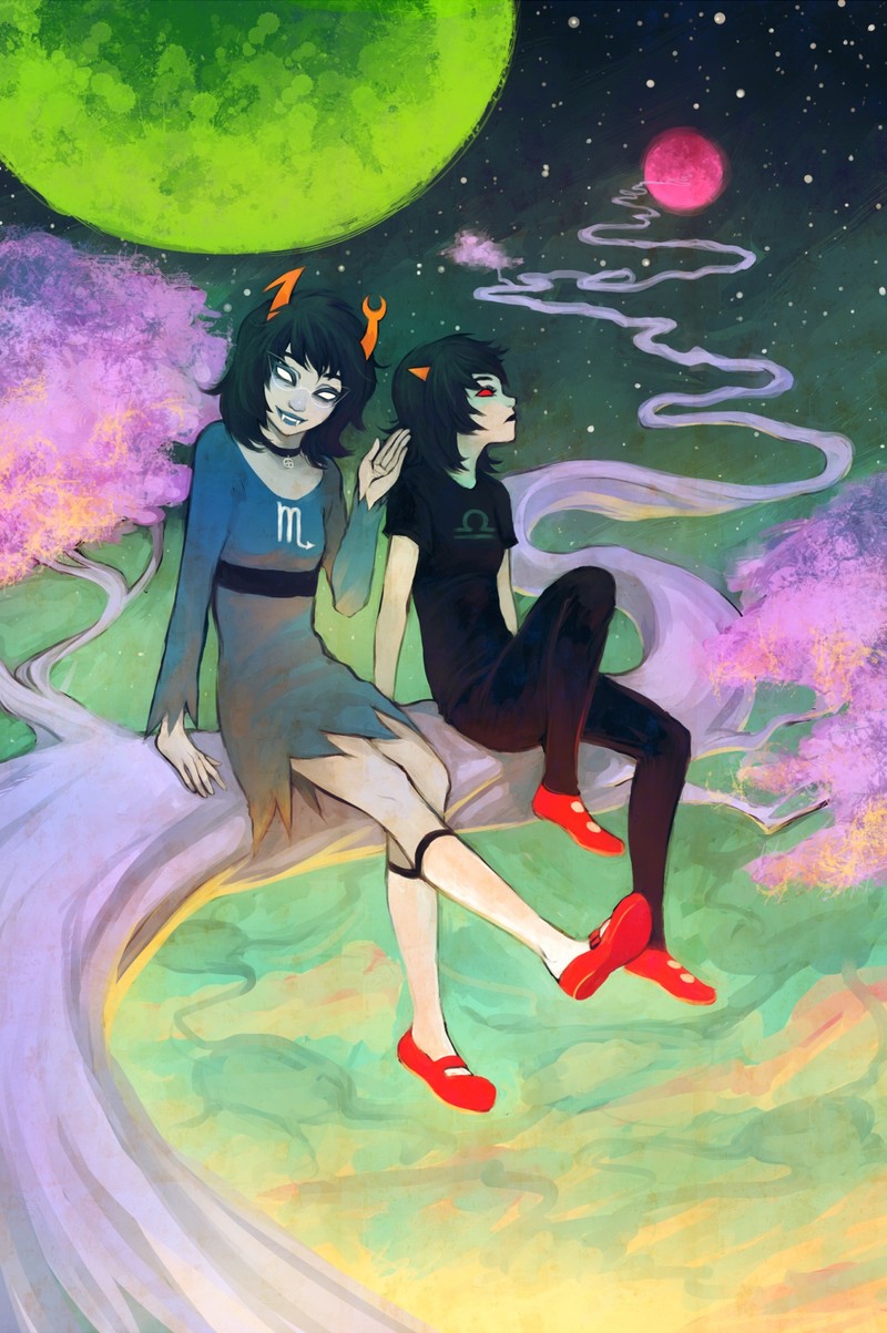 Аниме-стиль живопись двух людей, сидящих на ветке дерева (aranea, homestuck, terezi, вриска, vriska)