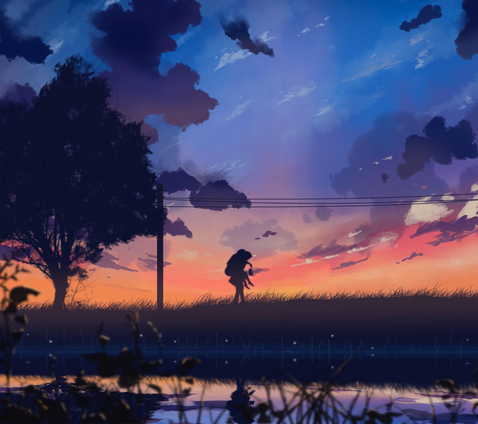 Anime, fille, coucher de soleil, eau, herbe, arbres, nuages, ciel (anime, couple, câlin, baiser, amour)