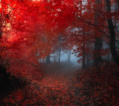 forest, leaves, red