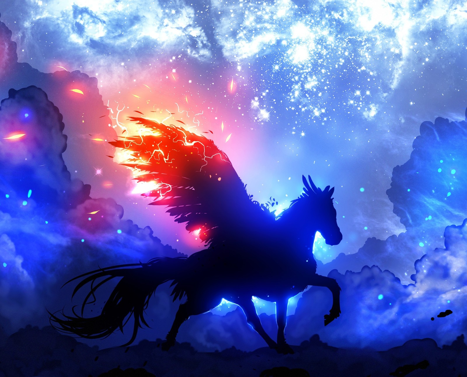 Anime, un caballo con alas volando en el cielo, con una luna llena de fondo (guardián, guardian of the stars, caballo, pegas, estrellas)