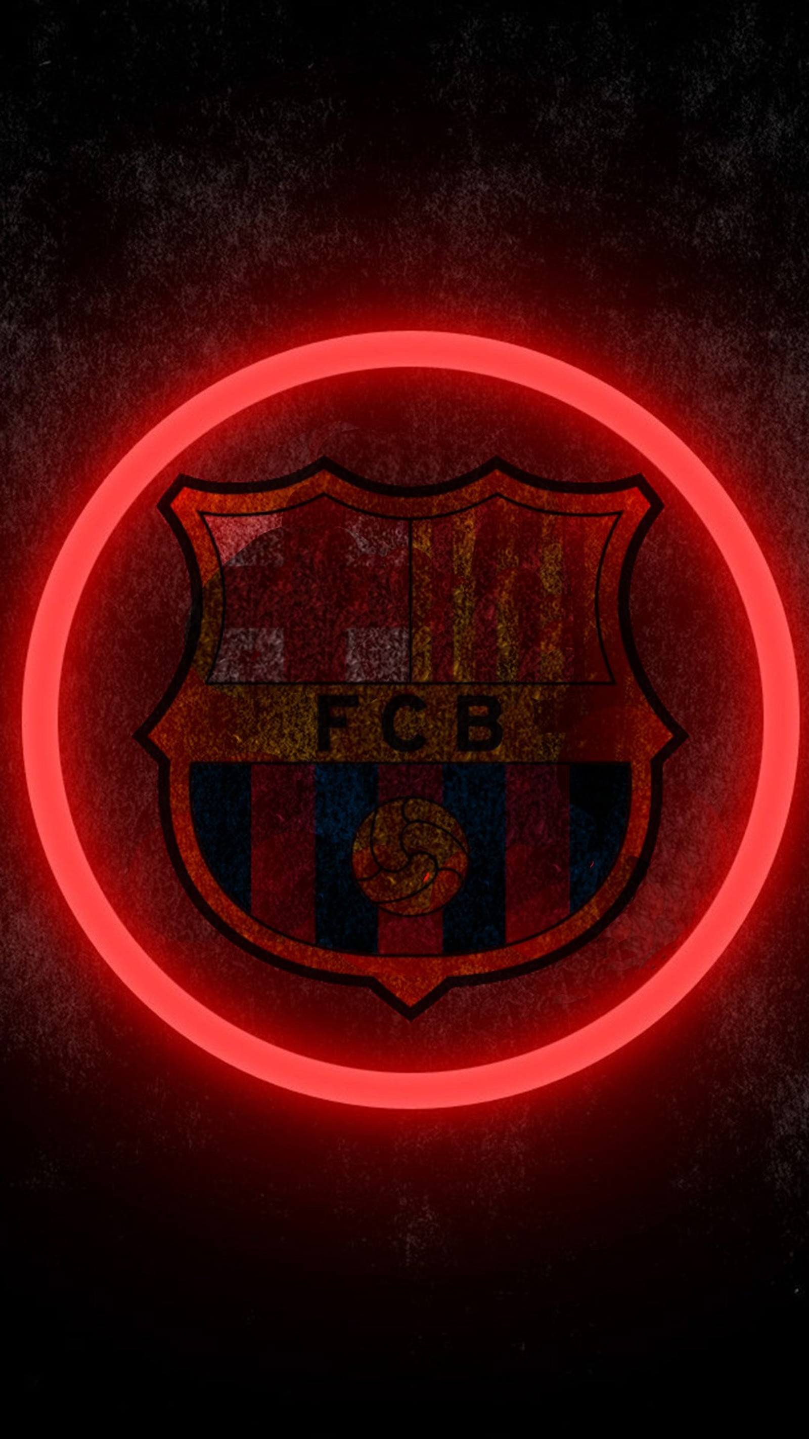 Um close de uma placa de néon com um logotipo de futebol nela (2017, 2018, barca, barcelona, círculo vermelho)