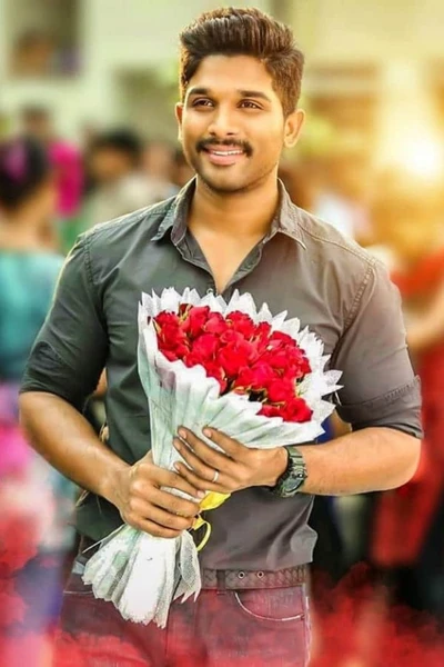 Allu Arjun irradia encanto con un ramo de rosas.