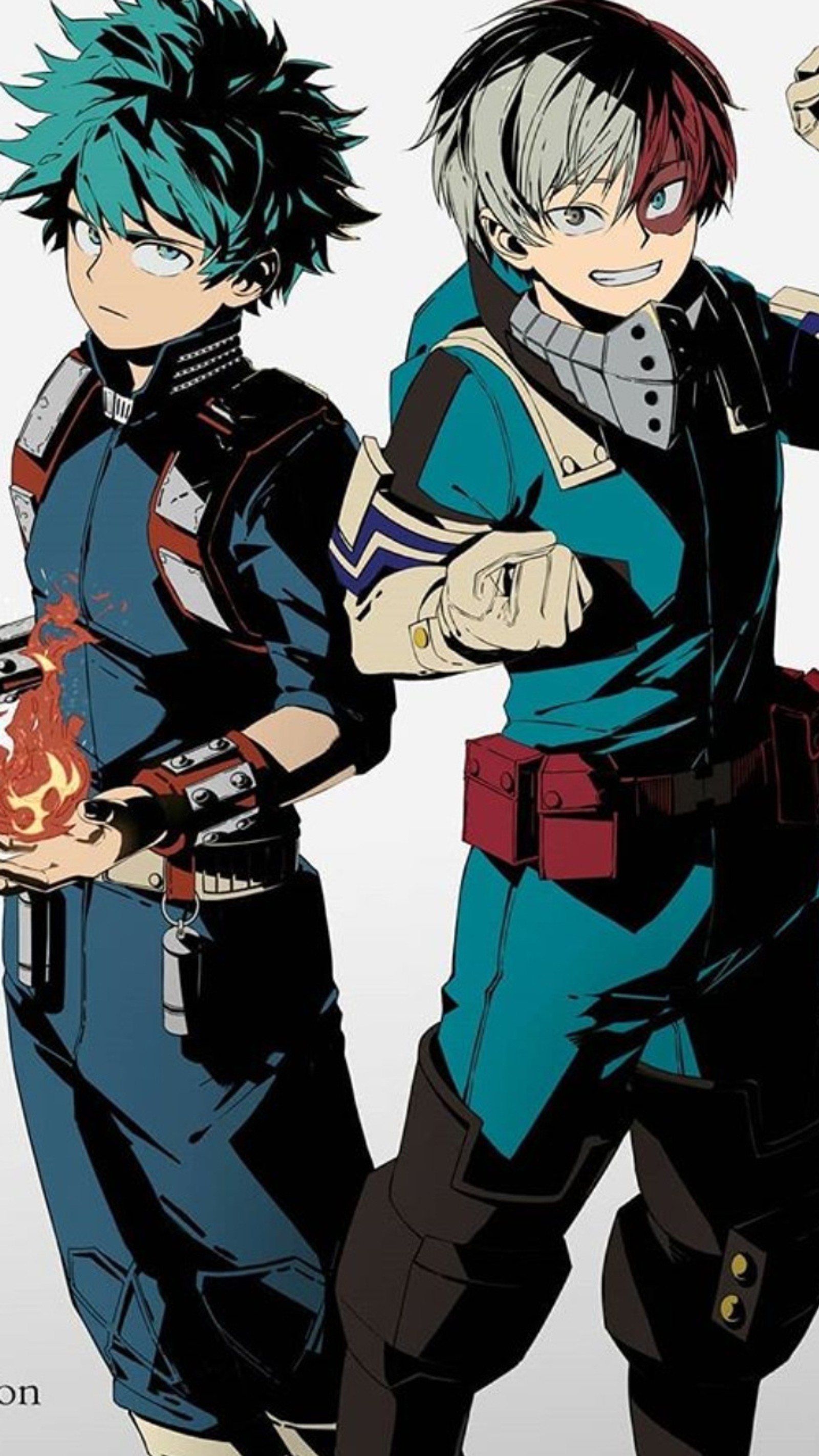 Dos personajes de anime están de pie uno al lado del otro (deku, todoroki, my hero academia)