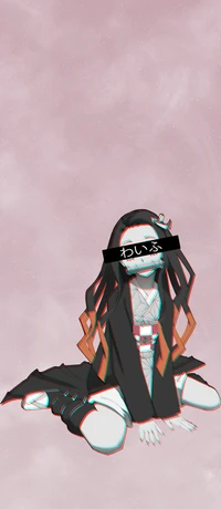 Stylized Nezuko Kamado from Demon Slayer with a minimalist pink background