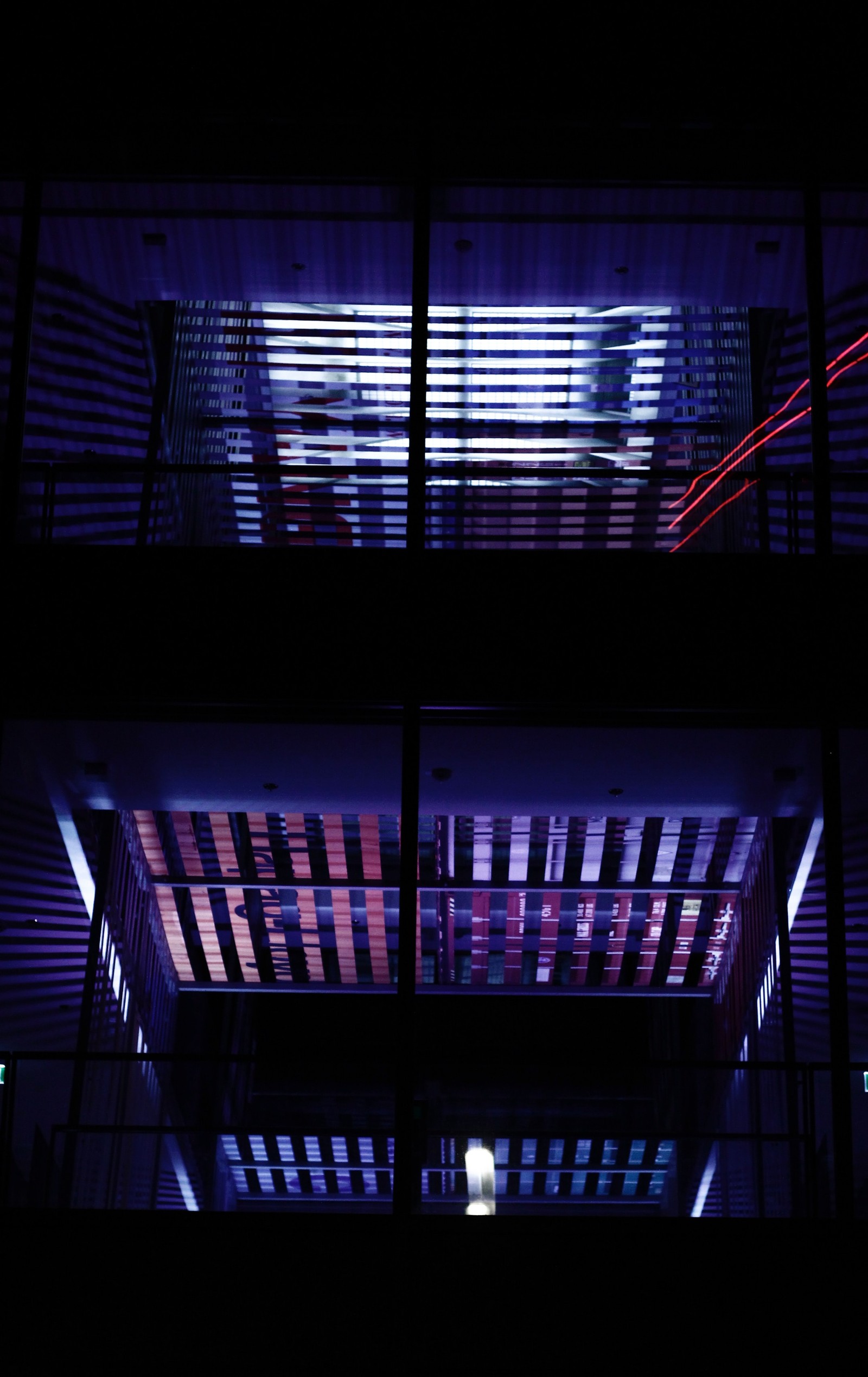 There are two pictures of a building with a balcony and a balcony (architecture, blue, light, purple, lighting)