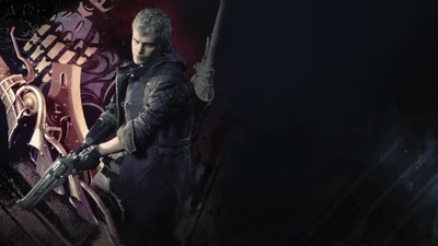 Nero de Devil May Cry 5 en una pose dinámica, empuñando una pistola contra un fondo oscuro y estilizado.