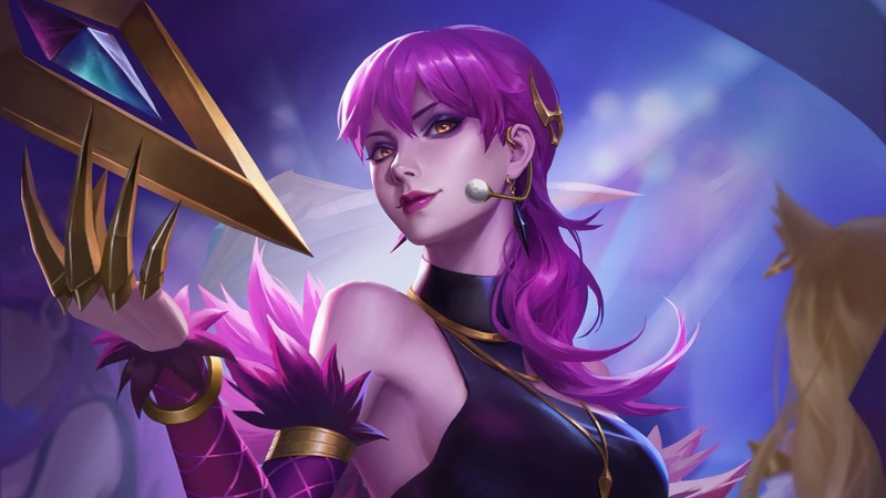 Женщина с фиолетовыми волосами и мечом в руке (kda, evelynn, league of legends, lol, видеоигра)