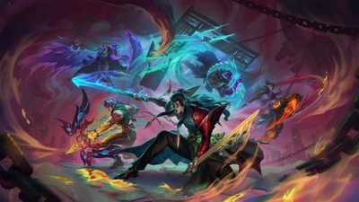 Enfrentamiento épico de campeones: Yone el cazador de demonios, Varus, Pyke, Swain y Camille en League of Legends Wild Rift