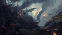 Epic Battle Scene in a Fantasy World with Dragons and Burning Castles