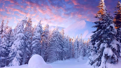 Bosque de abetos cubierto de nieve bajo un colorido cielo invernal