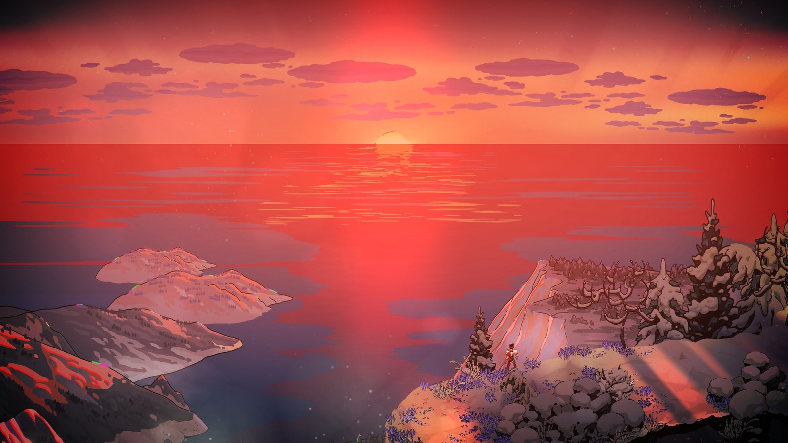 A view of a sunset over a mountain with a lake (hades, boss, action game, water, atmosphere)