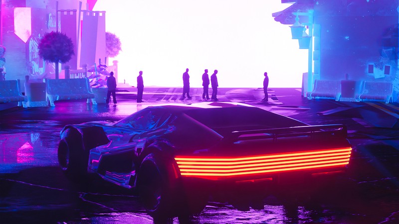 Близкий план автомобиля с неоновыми огнями на улице (cyberpunk 2077, машины, киберпанк, synthwave, колесо)