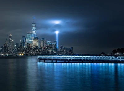 new york city, reflection, city skyline, landscape, night time