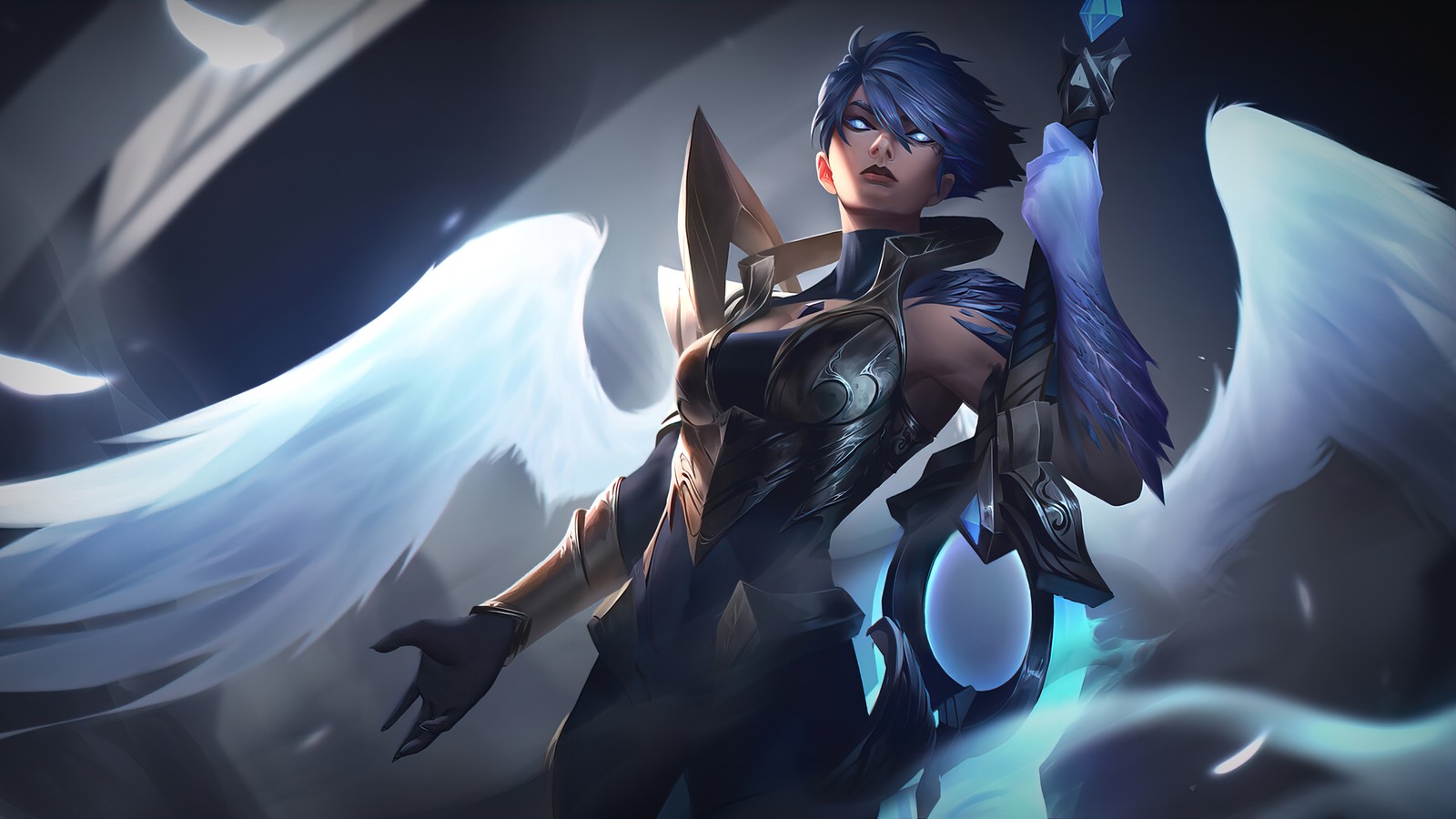 Gros plan d'une femme avec une épée et des ailes (riven, dawnbringer, league of legends, lol, jeu vidéo)