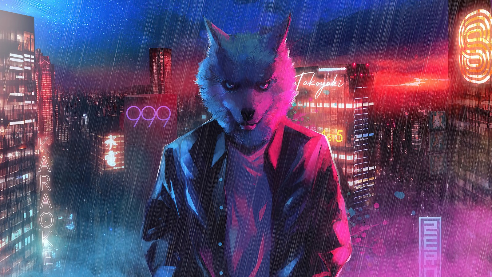 Baixar papel de parede wolf guy, arte digital, noite, cidade