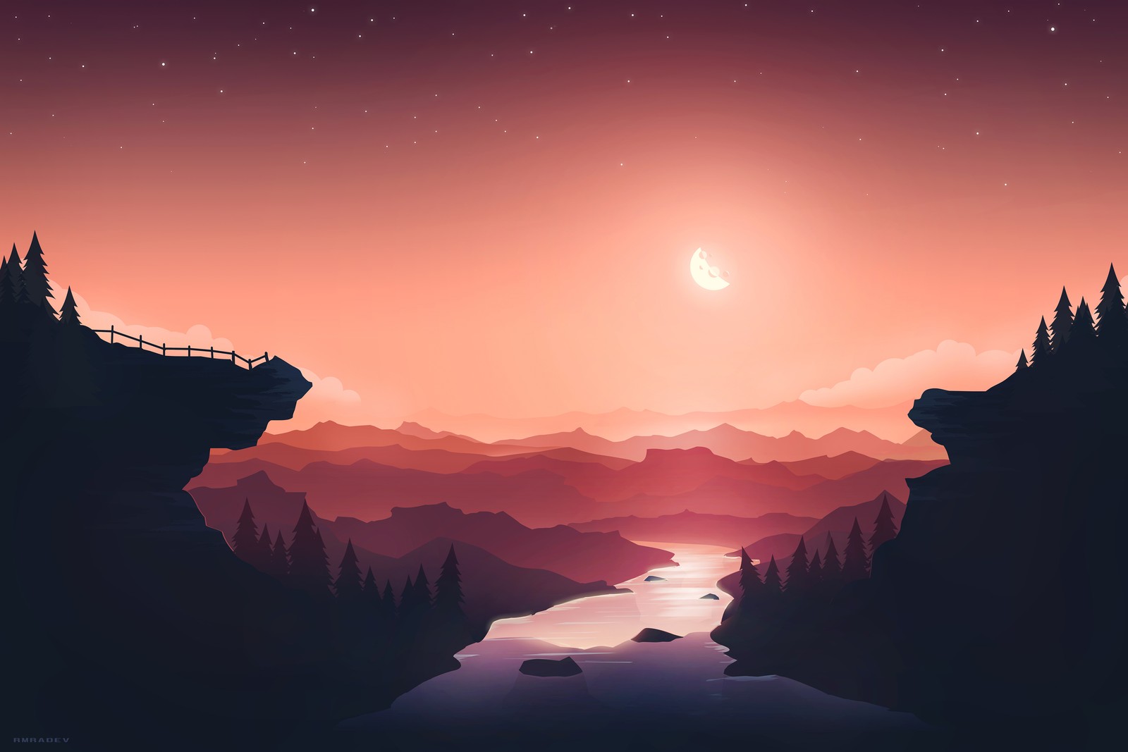 sunset, moon, river, mountains, gradient background wallpaper