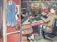 Une chambre confortable inspirée du manga, remplie de désordre créatif, avec un personnage concentré devant un ordinateur, entouré de décorations vibrantes et de touches personnelles.