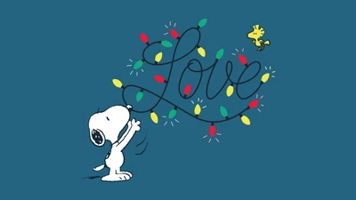 Snoopy y Woodstock celebrando las fiestas con luces de colores que dicen "Amor".