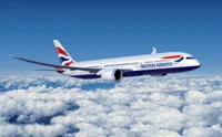 British Airways Boeing 787 Dreamliner soaring above fluffy clouds.