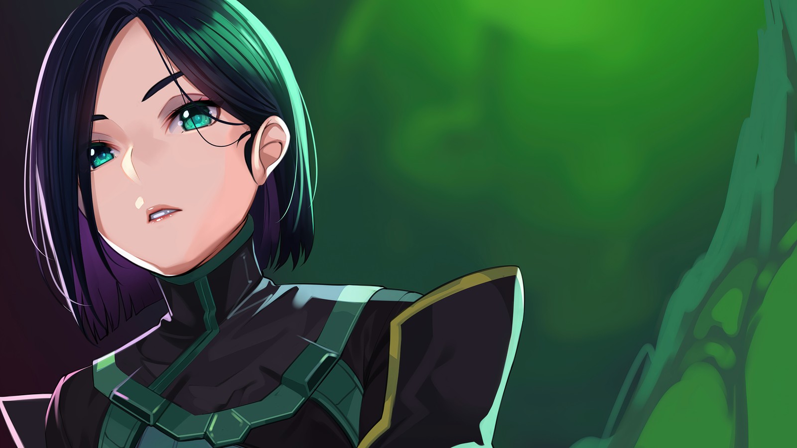 A woman with green hair and a black jacket is standing in front of a green background (valorant, video game, viper, unmasked)