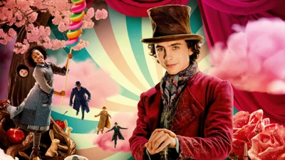 Timothée Chalamet en tant que Willy Wonka sur une affiche de film fantaisiste de 2023