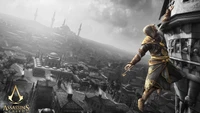 Ezio Auditore da Firenze escaladant une tour dans une vue panoramique monochrome d'Istanbul de "Assassin's Creed Revelations".