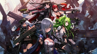 Dynamisches Ensemble von Girls Frontline Charakteren mit Waffen in einer post-apokalyptischen Umgebung