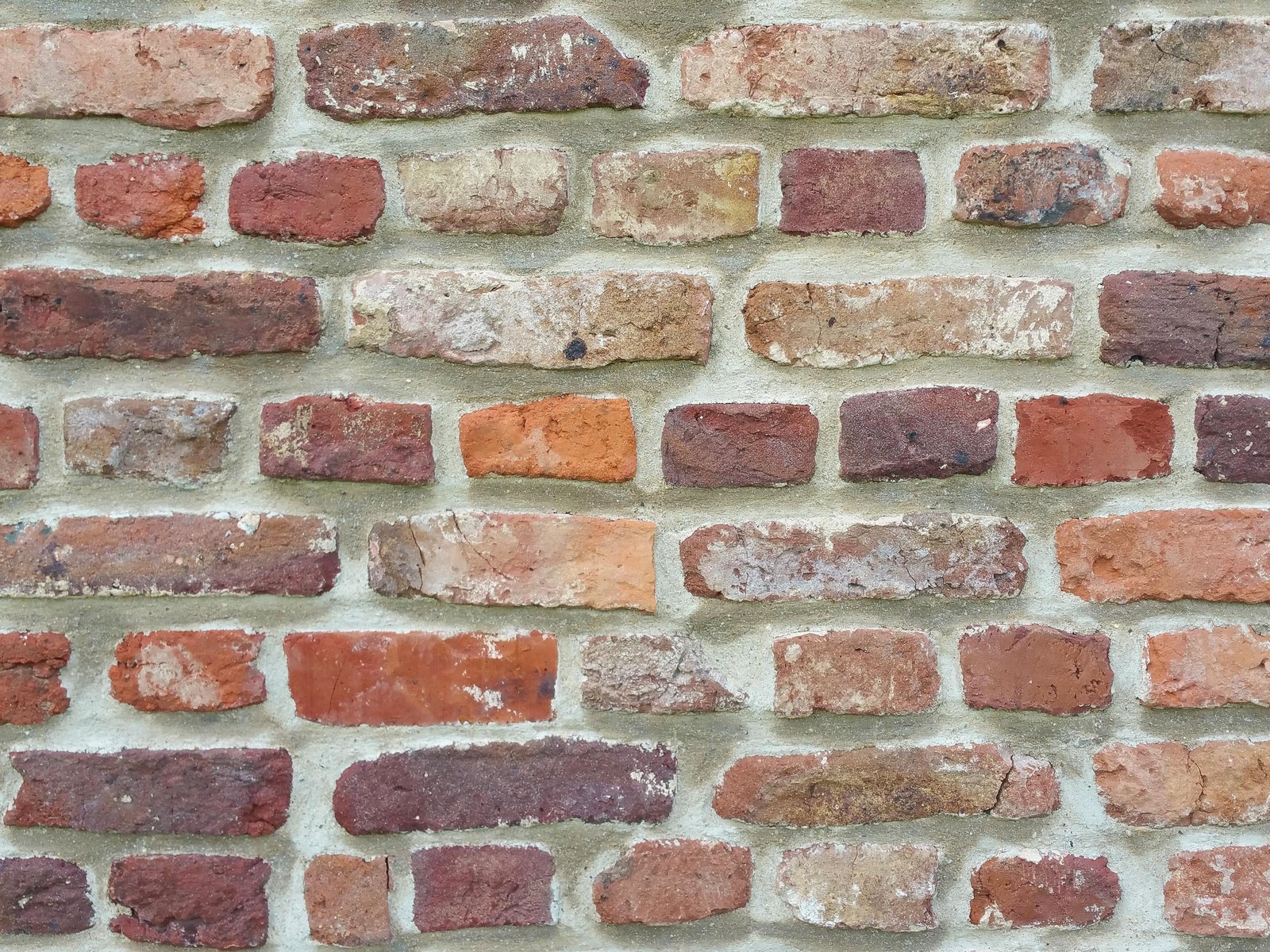 Um close em uma parede de tijolos com um hidrante vermelho e branco (parede, parede de pedra, tijolo, alvenaria, textura)