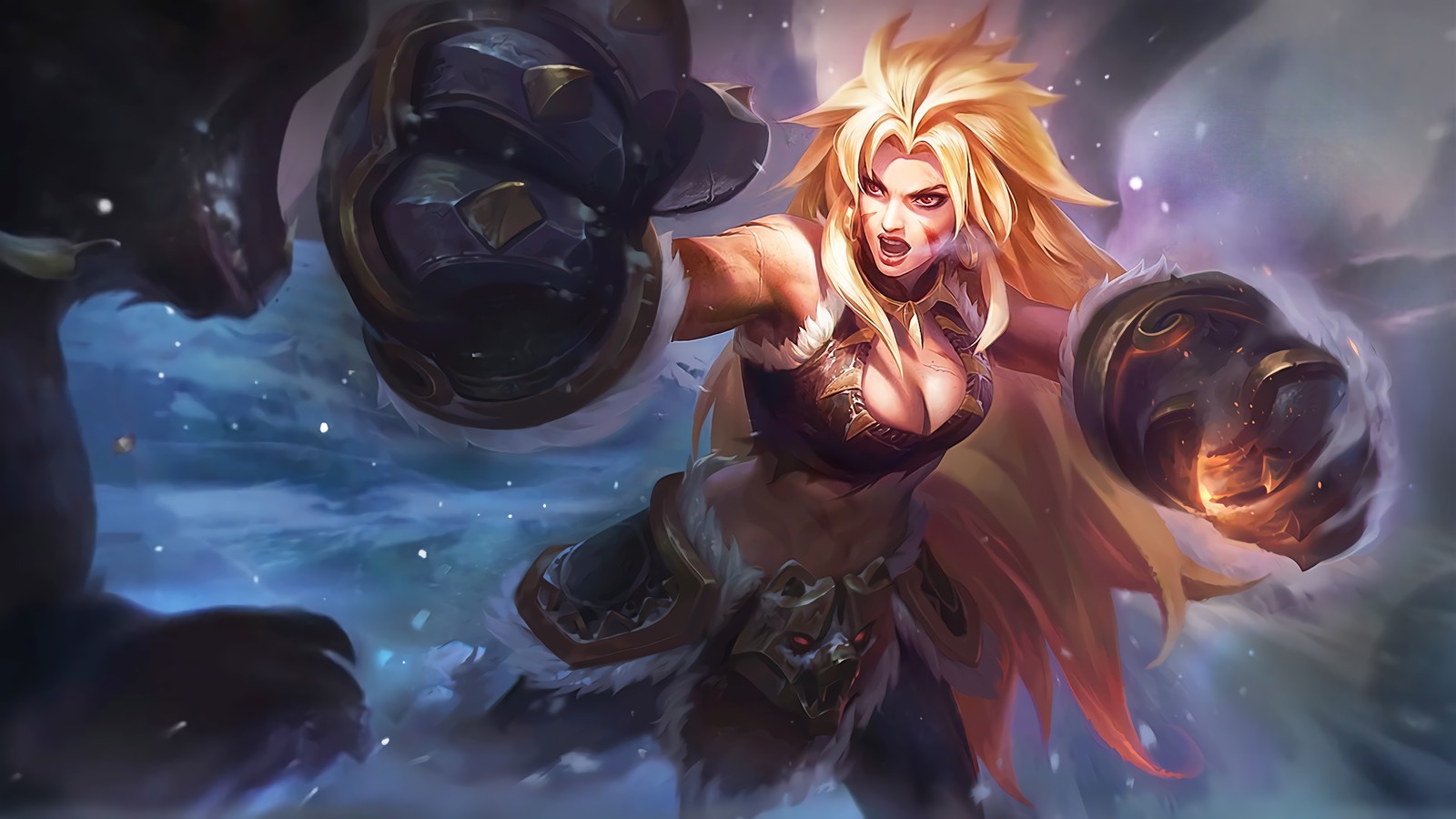 Une femme avec des cheveux blonds et un casque tenant une lanterne (macha, masha, mlbb, mobile legends, ml)