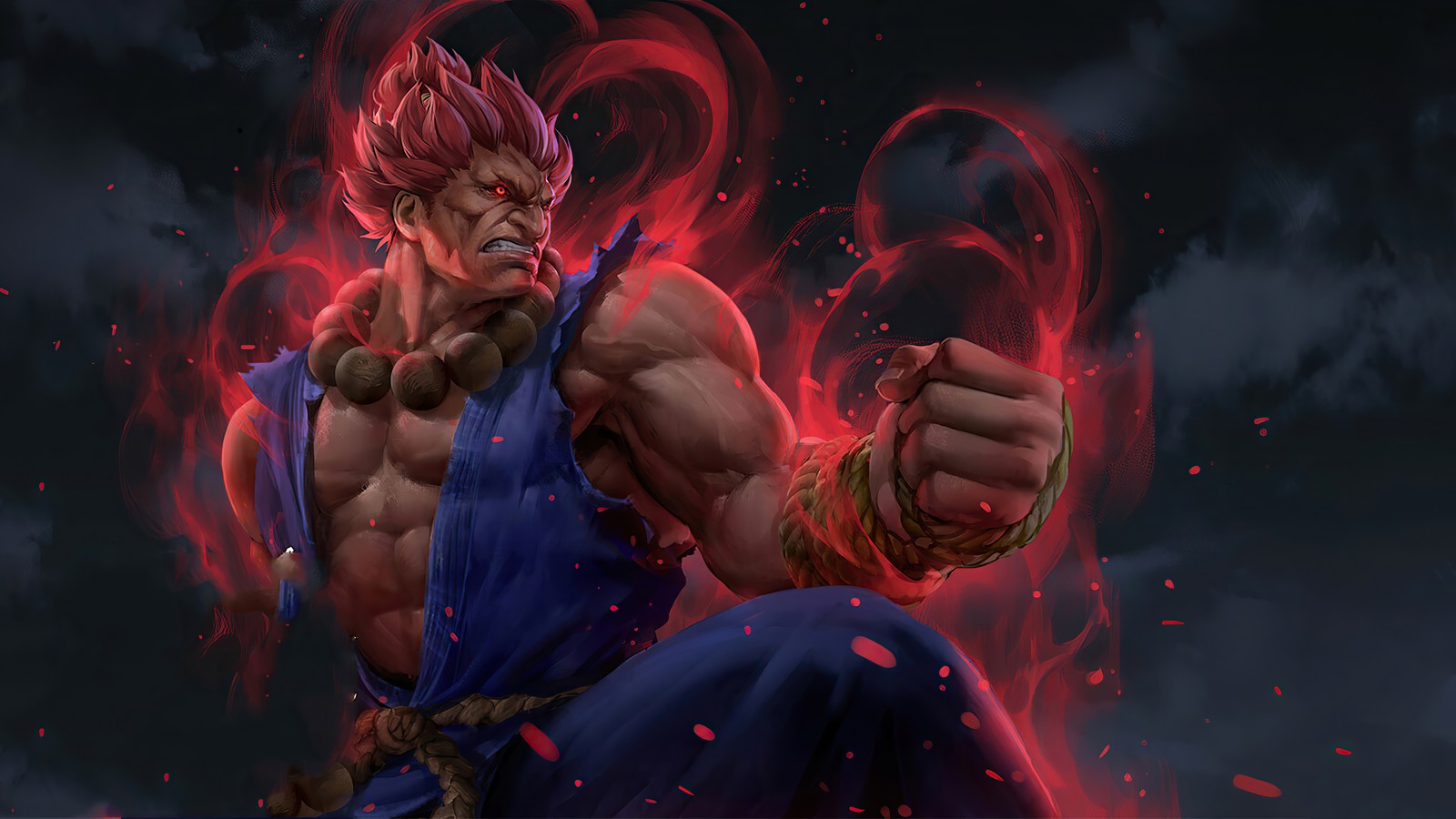 Un hombre con un puño en la mano y una llama roja saliendo de su pecho (akuma, street fighter, videojuego)