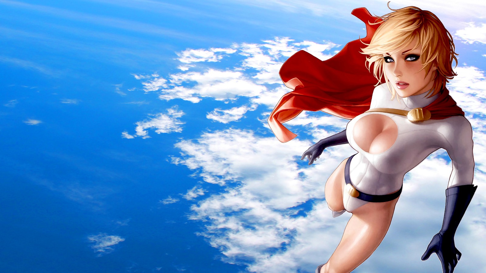 Anime girl flying in the sky with a red cape (power girl, dc comics, comics)