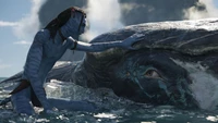 A Na'vi connecting with a majestic creature in "Avatar: The Way of Water.