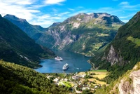 geiranger, fjord, waterfall, mountain, highland wallpaper