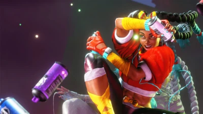 Kimberly aus Street Fighter 6 zeigt ihren dynamischen Kampfstil mit lebendiger Energie und verspielter Einstellung.