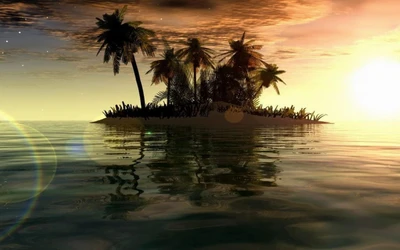 Coucher de soleil sur une île tropicale : sérénité reflétée dans des eaux calmes