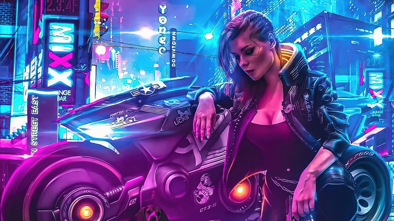 Женщина в кожаной куртке, стоящая рядом с мотоциклом (cyberpunk 2077, видеоигра, девочки, v, мотоцикл)