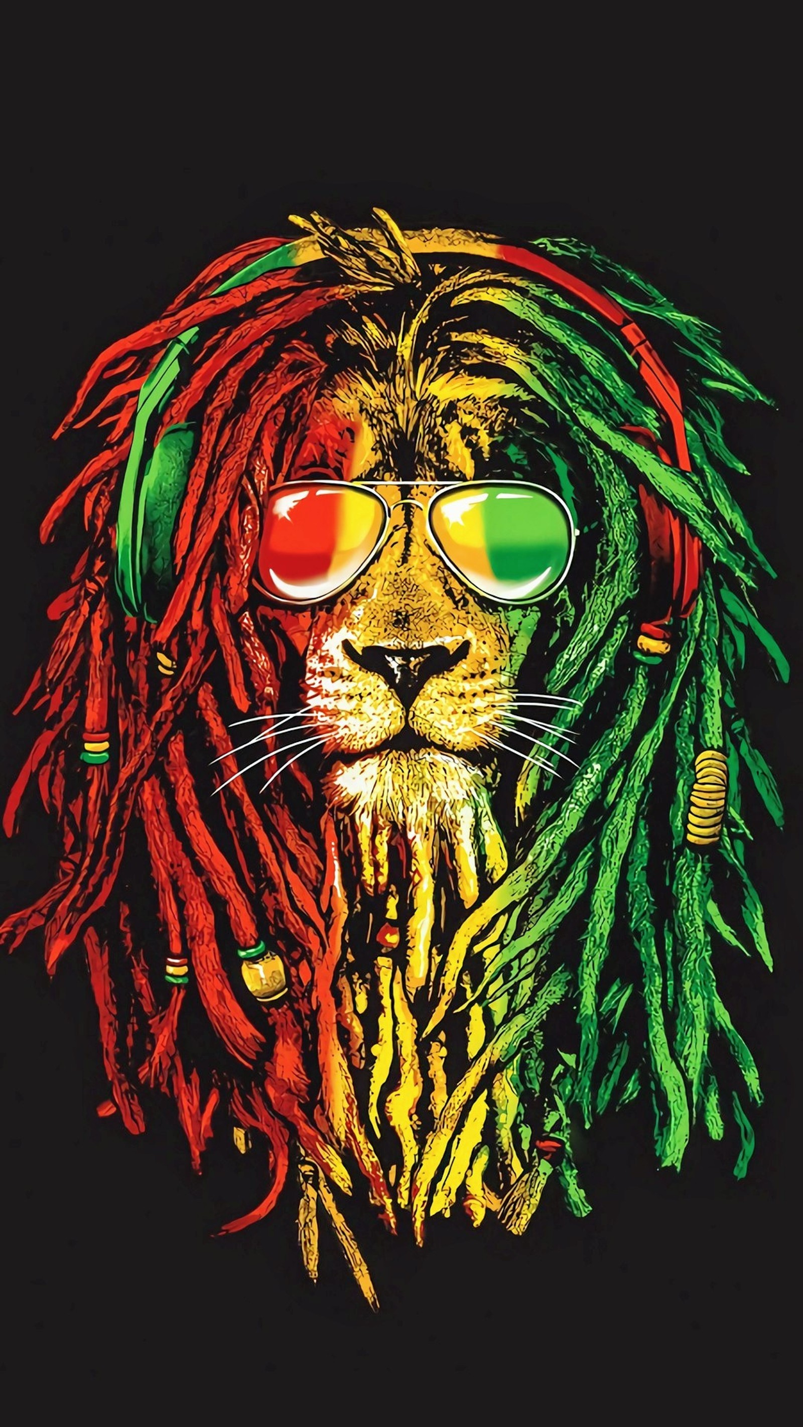 A close up of a lion with dreads and sunglasses on (lion, raste, reggae)