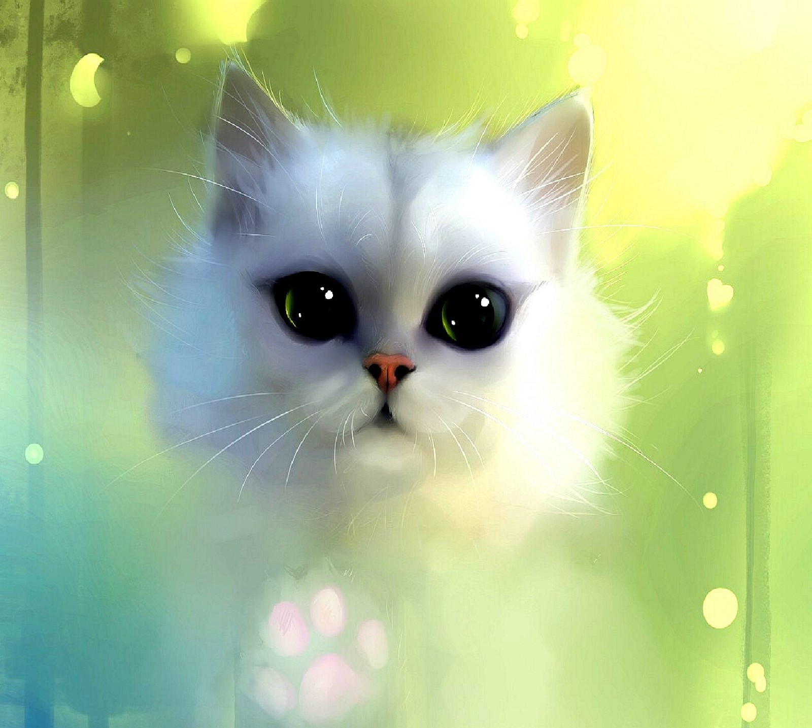 There is a white cat with green eyes looking at the camera (cat)