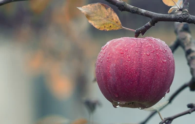 Pomme fraîche gouttant d'eau de pluie, suspendue à une branche d'arbre.