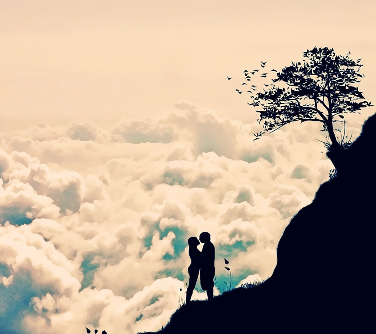 Un homme se tient sur une colline avec un arbre (nuages, génial, couple, amour, couple amoureux)