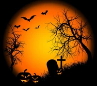 Happy Halloween: Spooky Silhouettes Against an Orange Sky