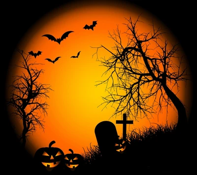 Frohes Halloween: Gruselige Silhouetten gegen einen orangefarbenen Himmel