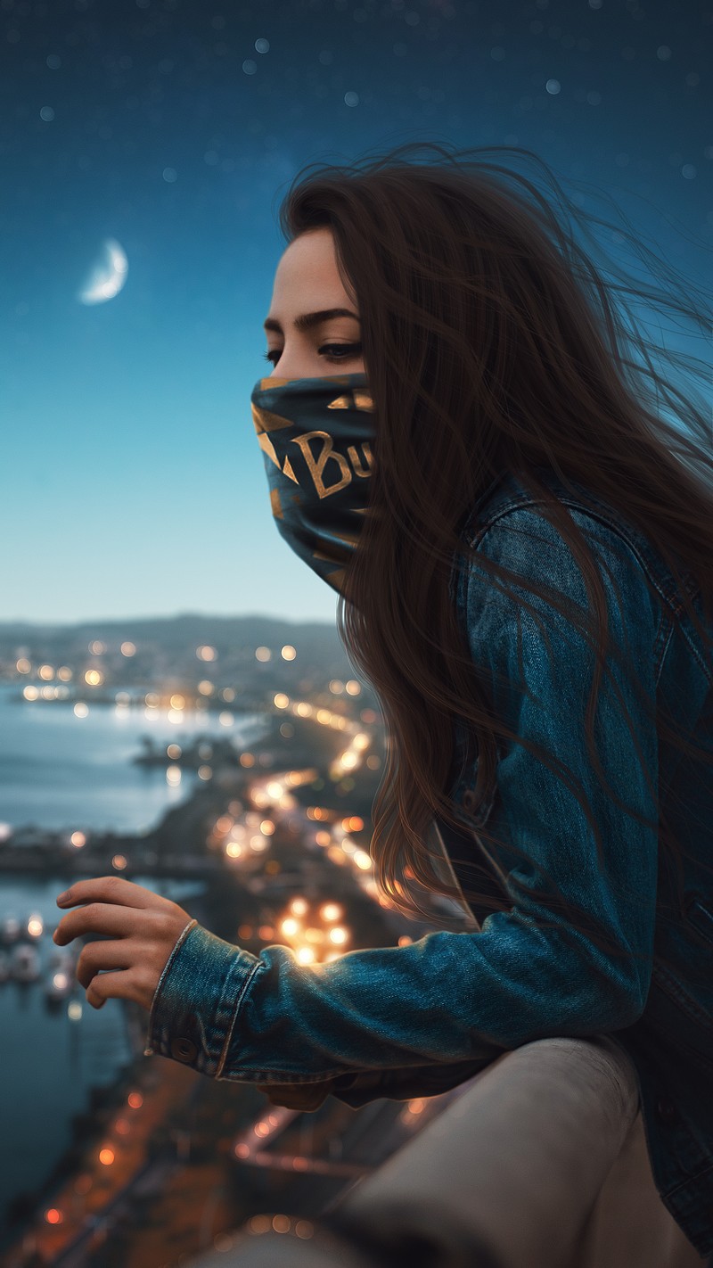 Une femme arabe avec un bandana sur le visage regardant la ville (arrière plan, fille)