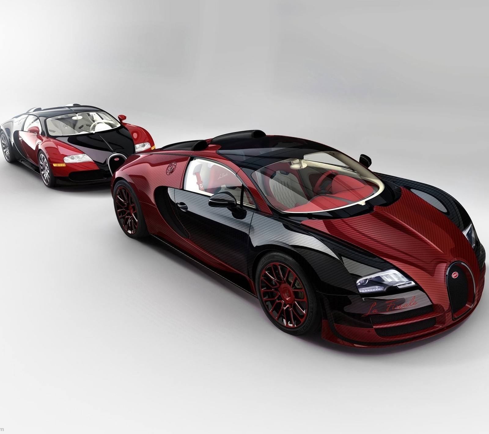 A close up of two cars with a red and black color scheme (bugatti, car, new, old, version)